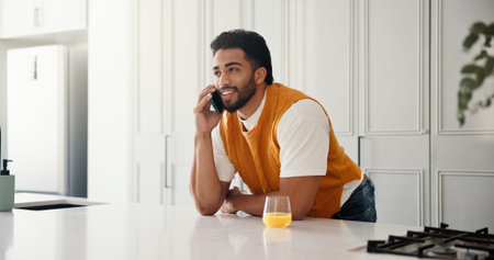 Phone call, contact and freelancer with man in kitchen for communication, project update and editor...