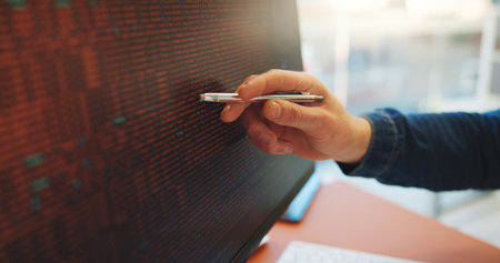 Review, code and hand in office with computer screen, software error or data check in debug process. Programming, person and system analyst in agency with pen, script and log test for best practice.の写真素材