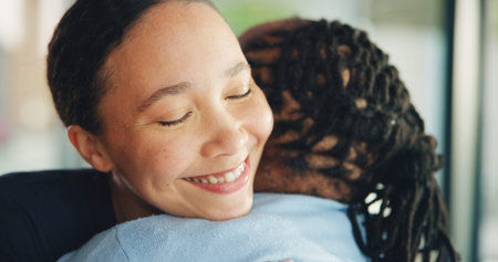 Old woman, mother and daughter in home with hug for connection, wellness and bonding together....