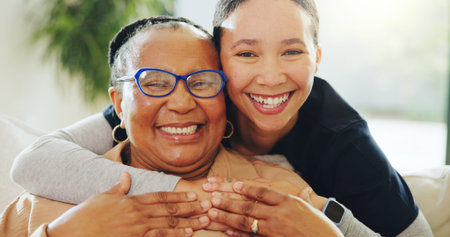 Portrait, senior care or nurse with hug for woman on couch, support or community in nursing home....