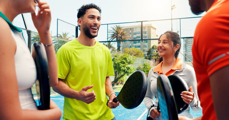 Padel, friends and laugh with talking on court for sports break, tournament joke and practice...