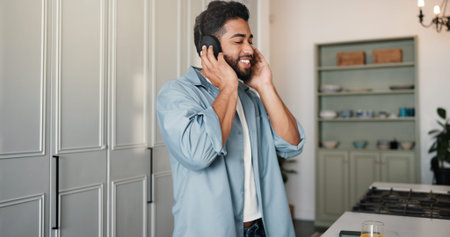 Music, happy and man in house with headphones, podcast or listening on audio app. Enjoyment, sound...
