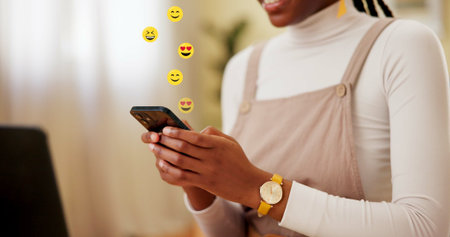 Hands, phone and reaction with emoji at office, smile and texting on break, contact and icon for...