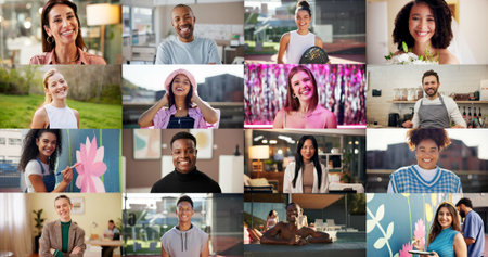 Portrait, happy and montage of different people for variety in business for career development. Collage, diversity and smile with group at location or venue for job, outdoor break or wedding eventの写真素材
