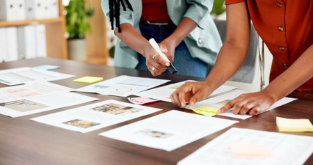 Sticky note, documents and hands with business women for campaign, project timeline and mindmap. Target audience briefing, branding pitch and brainstorming session with employees for meetingの写真素材