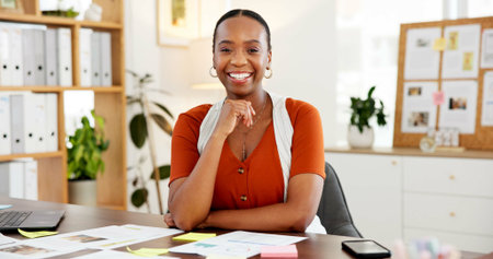 Accounting, portrait and smile of business black woman in office to review sales report statistics....