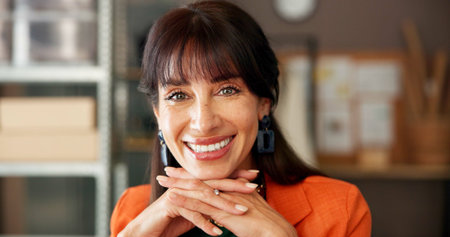 Portrait, ecommerce and smile with business woman for shipping, logistics and about us. Startup,...