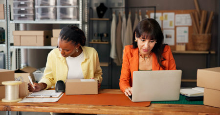 Team, boxes and women with laptop in office for ecommerce order confirmation. Tracking delivery, inventory and parcel information with people in small business for shipping and supply chain courierの写真素材