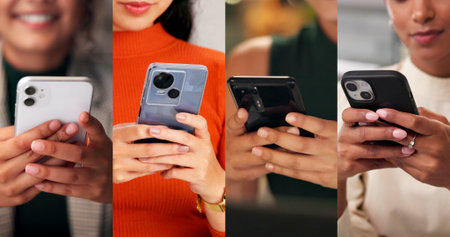 Collage, hands and smartphone with texting, scroll and network with contact, chat and notification. Women, phone and click with mobile app, communication or check post on social media at workplaceの写真素材
