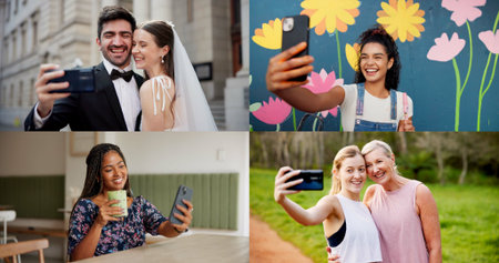 Collage, selfie or different people with phone, bonding or solo fun in digital memories. Composite, happy or diversity in moment capture with tech, wedding party or fitness journey on social media.の写真素材