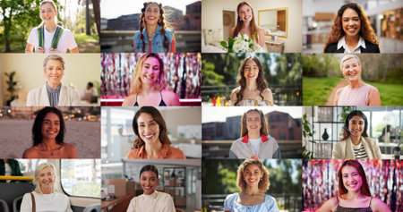 Portrait, happy and montage of different women for variety in business for career development. Collage, diversity and smile with people at location or venue for job, outdoor break or wedding eventの写真素材