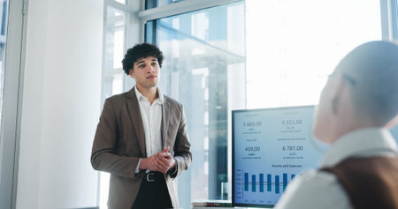 Speaker, businessman or pitch in office with screen, stats review or presentation for b2b strategy. Person, proposal and explain with tech for profit generation idea, financial investment and graphs.の写真素材