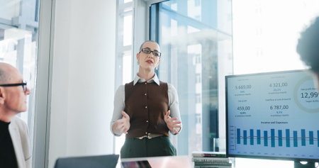 Presentation, screen or businesswoman in office with proposal, stats review and plan for b2b...