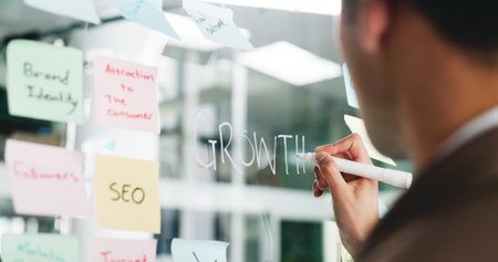 Branding, writing or sticky notes on glass wall for business growth, seo plan or target audience...