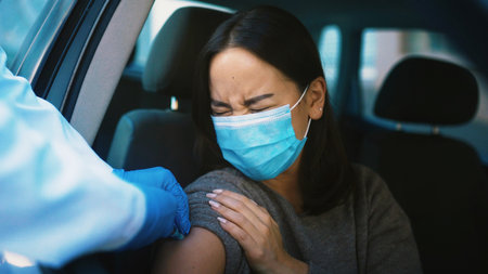 Patient, sore hands with vaccine, car and healthcare for Covid 19 prevention, help and treatment....