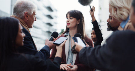 Woman, spokesperson and press with questions, city and journalists with election talk and interview....