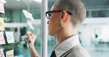 Brand identity, woman or writing with sticky note on glass wall, seo planning or target audience trends. Marketing agency, awareness strategy or manager at board for campaign project, ideas or goalsの写真素材