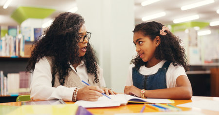Tutor, child and lesson with books in library with reading evaluation, literature and problem...