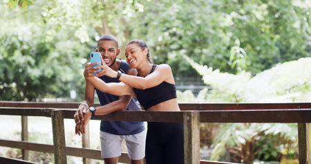 Selfie, happy couple or outdoor on bridge for social media post, update profile picture or...
