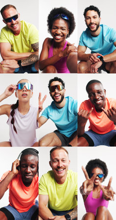 People, fitness and montage in studio, happy and sunglasses in portrait on white background. Men,...