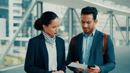 Man, worker and help with boarding pass at airport for flight delay, work trip and departure crisis. Business travel, gate agent and confused with air ticket for details error or passenger assistanceの写真素材