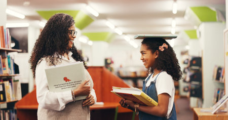 Books, teacher and girl in library, talking and education with happiness, learning and support....