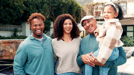 Portrait, big family and grandfather with child at new house for real estate, property purchase and security. Happy, parents and moving in with kid, visit grandparent and bonding together in backyardの写真素材