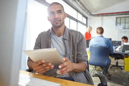 Thinking, tablet and research with business man in office for ui design briefing, online feedback or...