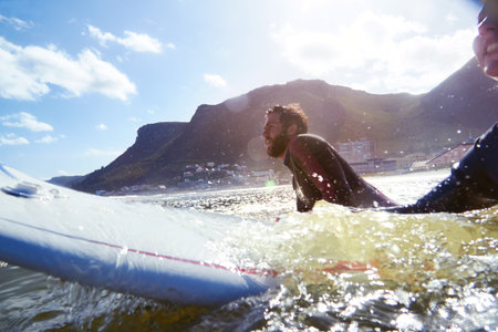 Thinking, couple and relax on surfboard in ocean for travel, fitness adventure and observe waves....