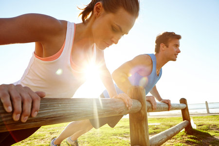 Fitness, couple and push ups outdoor for training, calisthenics workout or body strength. Man, woman...