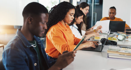 Classroom, college and students on tech for learning, studying and education at university. School,...