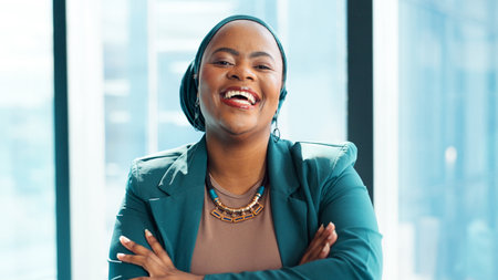 Fashion, portrait or black woman in office with arms crossed, experience or pride in style development. Smile, creative or designer in agency with confidence, about us or job in clothing industry.の写真素材
