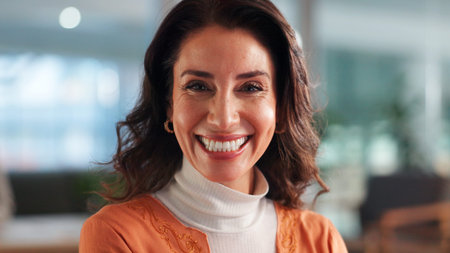Portrait, smile and business woman in office, confident journalist. Professional, mature employee...