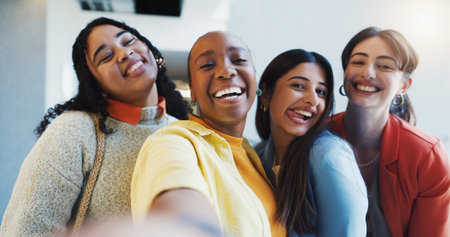 Women, selfie and friends at university with smile, education and memory with profile picture at...