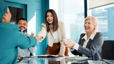 Business meeting, people and handshake in office for deal, advertising contract and partnership....