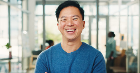 Portrait, advertising and man with smile in creative agency, branding and project management. Professional, about us and happy marketing director with career development, opportunity and promotionの写真素材