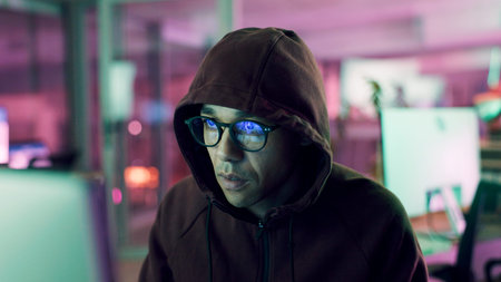 Night, hacker or man with computer for encryption breach, firewall attack or cybersecurity crisis....