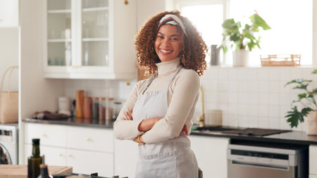Arms crossed, portrait and smile with woman in kitchen of home for cooking or meal preparation. Apron, confidence and culinary hobby with happy person at counter in apartment for cuisine or hungerの写真素材