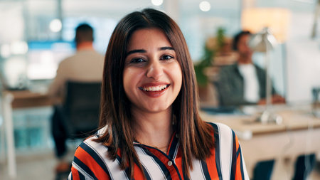 Business woman, portrait and happy at office for professional growth, mission and creative at...
