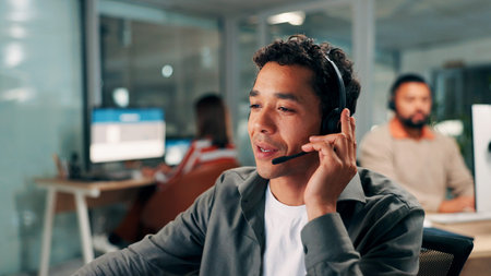 Call center, business man and headset for technical support, customer service and coworking. Contact...