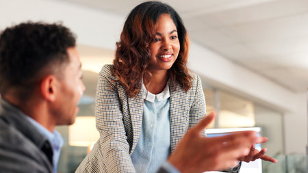 Business people, discussion or planning with ideas for web development or software update in office. Businessman, woman or employees with explanation for project tasks, system process or strategyの写真素材