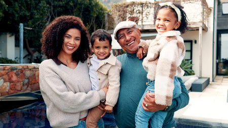 Portrait, woman and grandfather with children at new house for real estate, property purchase or care. Happy, interracial family or moving in with kids, mortgage loan and bonding together in backyardの写真素材
