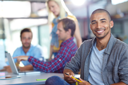 Portrait, smile and business man in meeting, about us or copywriter with opportunity. Happy,...