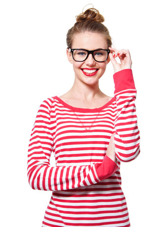 Happy woman, glasses and studio portrait for optometry, vision or mockup space on white background. Person, smile and confident with prescription lens, spectacles or eyesight with pride in Argentinaの写真素材