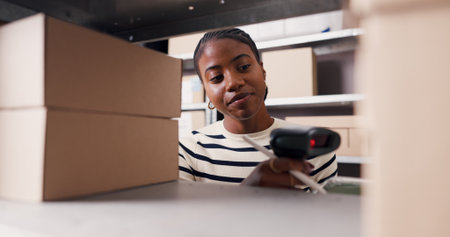 Scanner, boxes and black woman in office with logistics, ecommerce or distribution for online order. Equipment, industry and African female entrepreneur with information for delivery with package.の写真素材