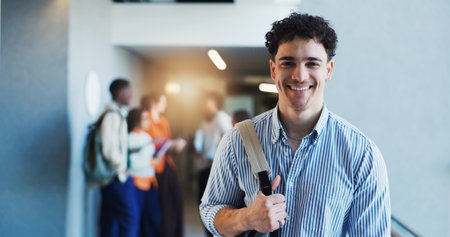 Smile, portrait or man in college with bag, knowledge and scholarship in study opportunity. Happy, flare and student in university with backpack, education and confidence in academic funding.の写真素材