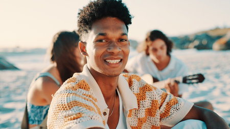 Beach, portrait and travel with happy man outdoor in nature for bonding, friends trip or summer fun. Break, smile and vacation with group of friends on shore at coast for holiday or weekend getawayの写真素材