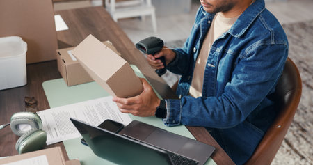 Shipping, box and scan with hands in warehouse for delivery information, distribution and courier. Logistics, supplier startup and inventory manager with person for supply chain, export and cargoの写真素材