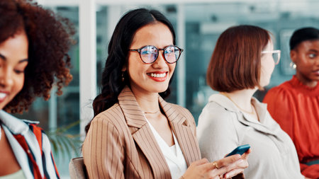Portrait, glasses and woman with smartphone in meeting, happy and digital marketing on social media. Coworking, people and brand manager with mobile for campaign, research and confident with eyewearの写真素材
