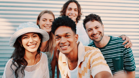 Smile, friends and selfie outdoor on holiday, capture moment and happy memory together. City, men and women with group picture for photography, social media post or vacation with POV of portraitの写真素材